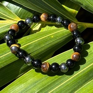60A Black Obsidian Hematite Tiger Eye Bead Bracelet Power Protection